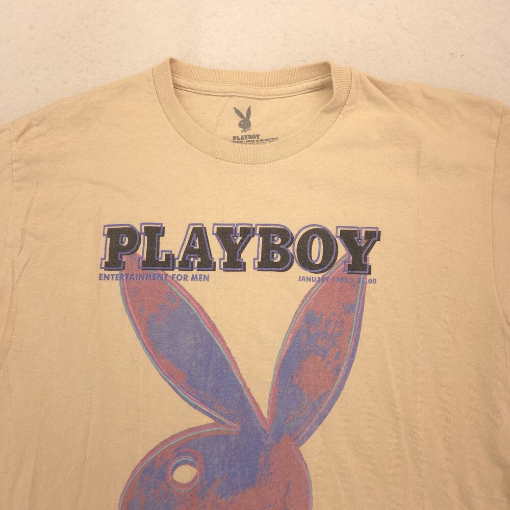 Playboy Graphic Short Sleeve Crew Neck T Shirt Mens Size Medium M Tan 13927